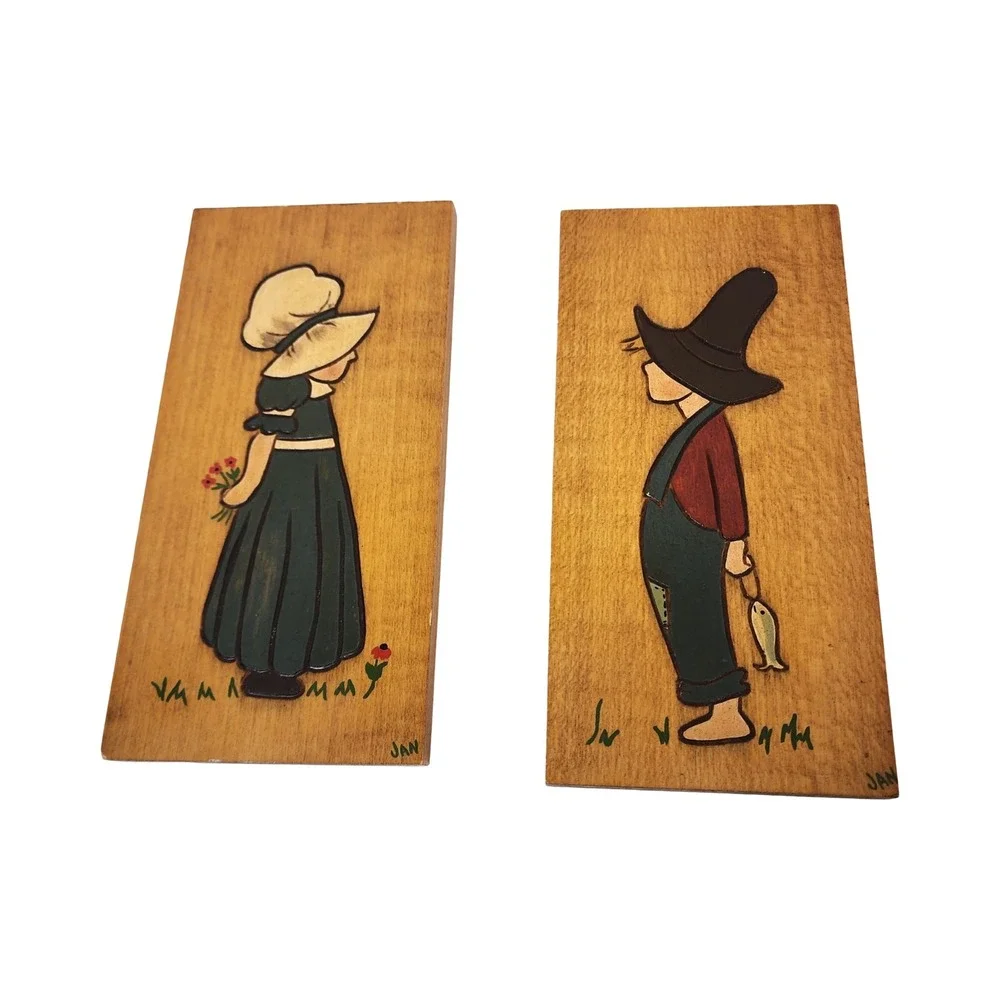 Vintage Jan Hand Painted Wood Art Girl Boy Pair Wall Hanging Decor